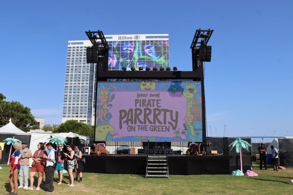 Screen and stage at Adult Swim’s Pirate Parrrty off-site at SDCC 2024
